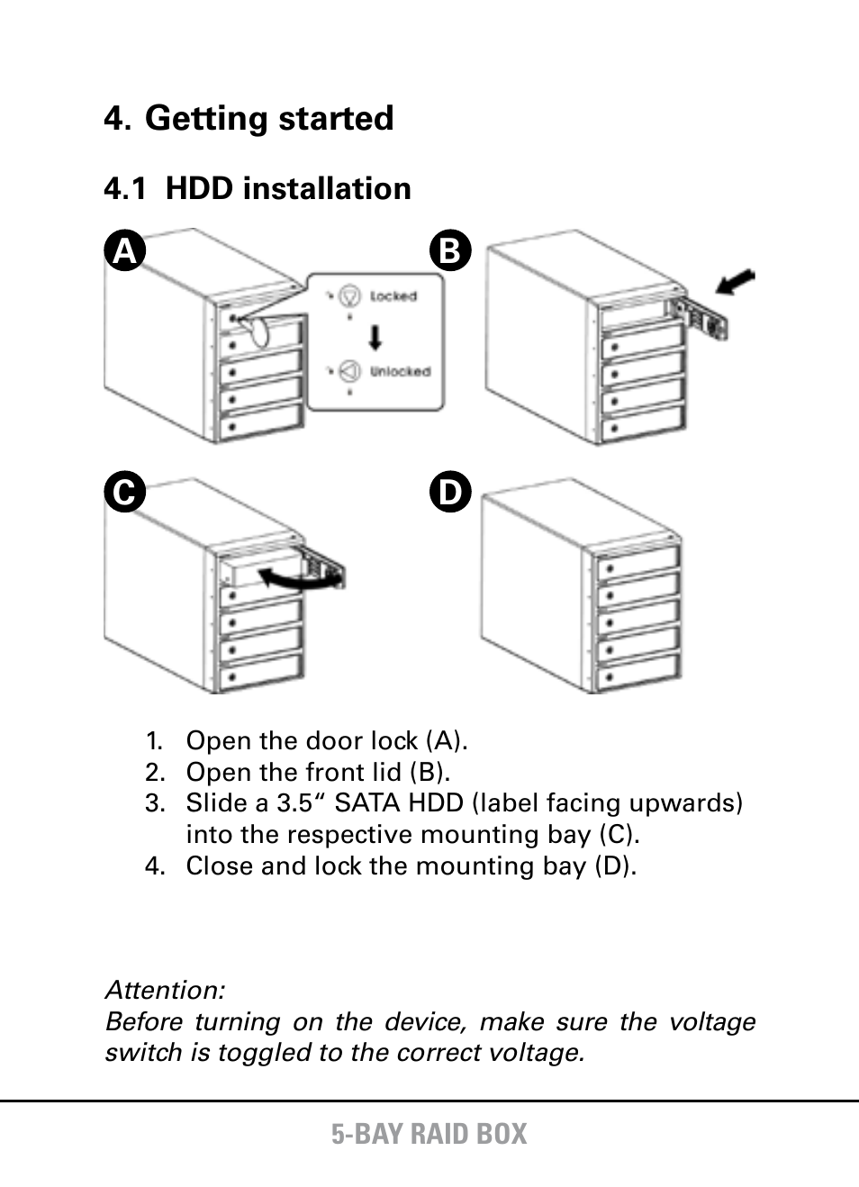 Getting started, Ad c b | SHARKOON 5-Bay RAID Box User Manual | Page 4 / 8