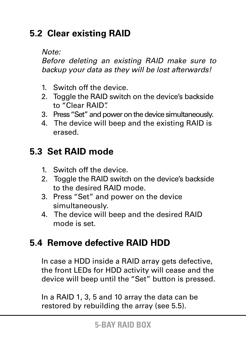 2 clear existing raid, 3 set raid mode, 4 remove defective raid hdd | SHARKOON 5-Bay RAID Box User Manual | Page 6 / 8