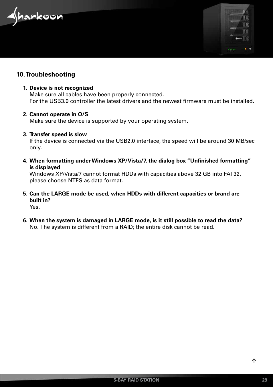 Troubleshooting | SHARKOON 5-Bay RAID-Station User Manual | Page 29 / 37