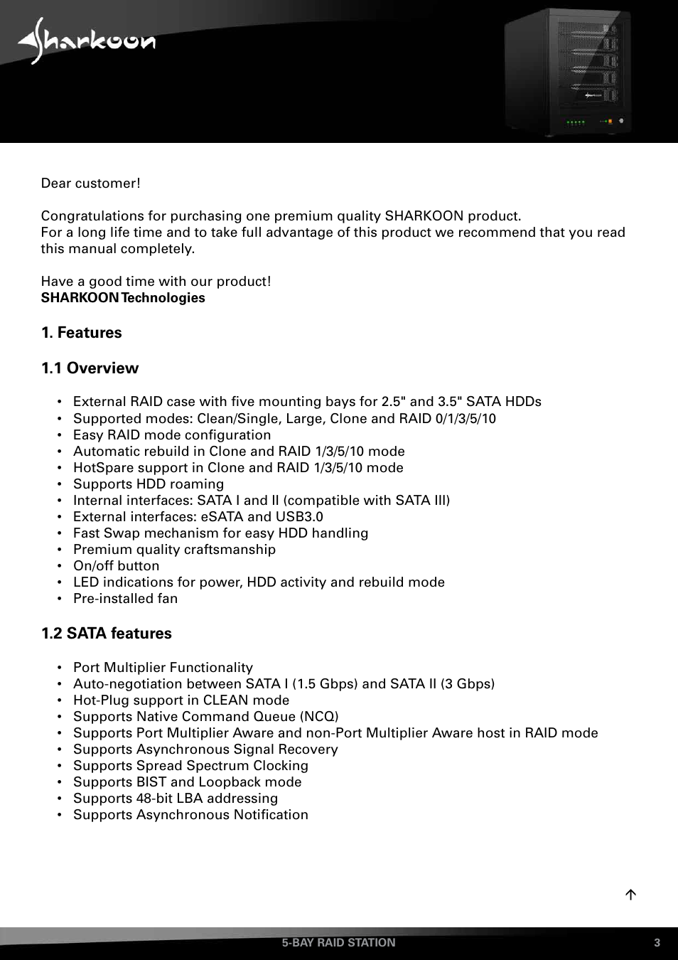 Features, Overview, 2 sata features | SHARKOON 5-Bay RAID-Station User Manual | Page 3 / 37