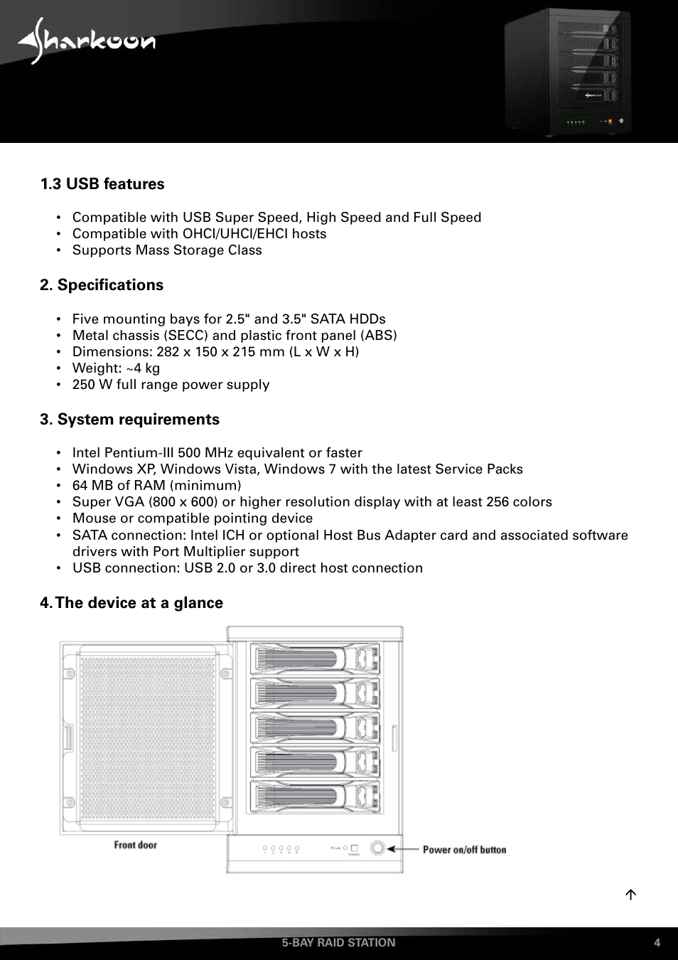 3 usb features, Specifications, System requirements | The device at a glance | SHARKOON 5-Bay RAID-Station User Manual | Page 4 / 37
