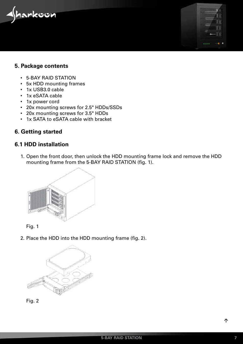 Package contents, Getting started, 1 hdd installation | SHARKOON 5-Bay RAID-Station User Manual | Page 7 / 37
