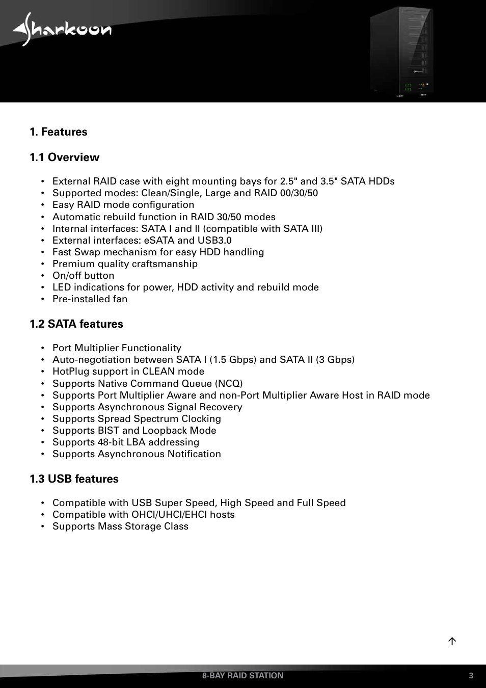 Features, Overview, 2 sata features | 3 usb features | SHARKOON 8-Bay RAID-Station User Manual | Page 3 / 27