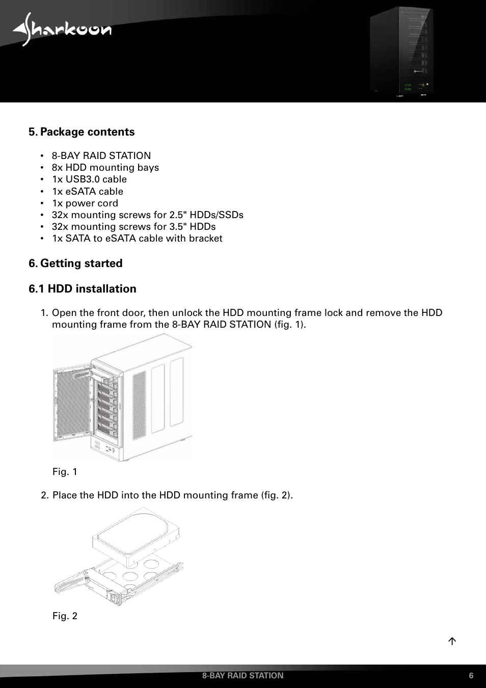 Package contents, Getting started, 1 hdd installation | SHARKOON 8-Bay RAID-Station User Manual | Page 6 / 27