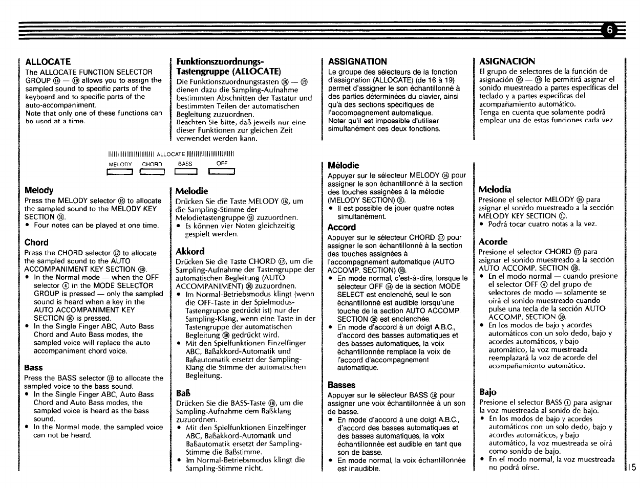 Allocate, Melody, Chord | Bass, Assignation | Yamaha VSS-200 User Manual | Page 17 / 28