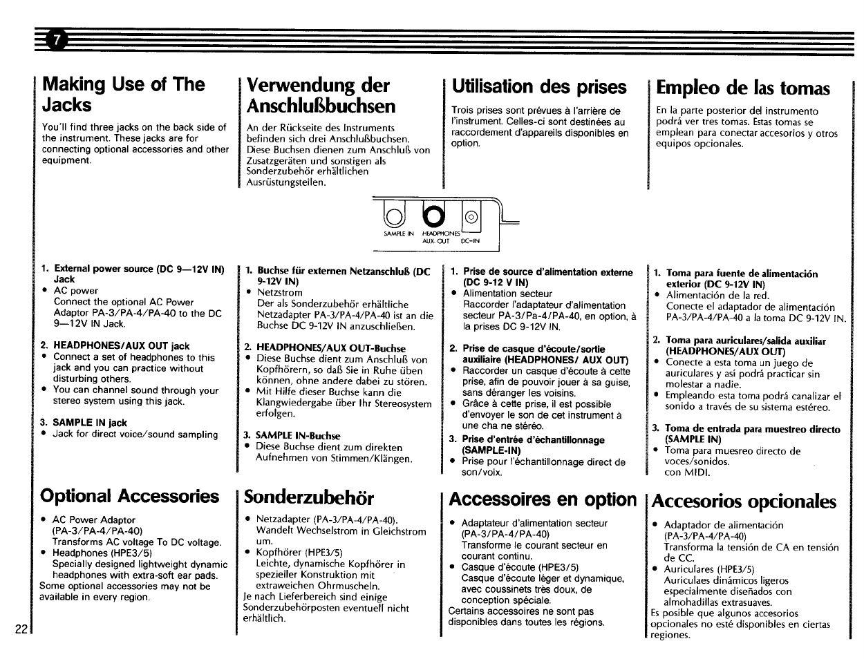 Making use of the jacks, Verwendung der anschlußbuchsen, Utilisation des prises | Prise d’entrée d’échantillonnage (sample-in), Accessoires en option, Empleo de las tomas, Accesorios opcionales, Empleo de las tomas accesorios opcionales, Optional accessories, Sonderzubehör | Yamaha VSS-200 User Manual | Page 24 / 28