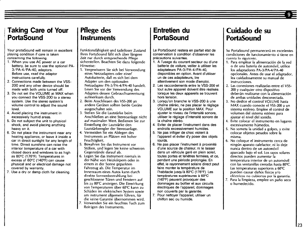 Pflege des instruments, Entretien du portasound, Taking care of your portasound | Cuidado de su portasound | Yamaha VSS-200 User Manual | Page 25 / 28