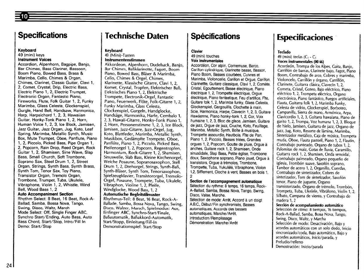 Specifications, 49 (mini) keys instrument voices, Technische daten | 49 (mlni)-tasten instrumentenstimmen, Spécifications, 49 (mini) touches voix instrumentales, Section de l’accompagnement automatique, Especificaciones | Yamaha VSS-200 User Manual | Page 26 / 28