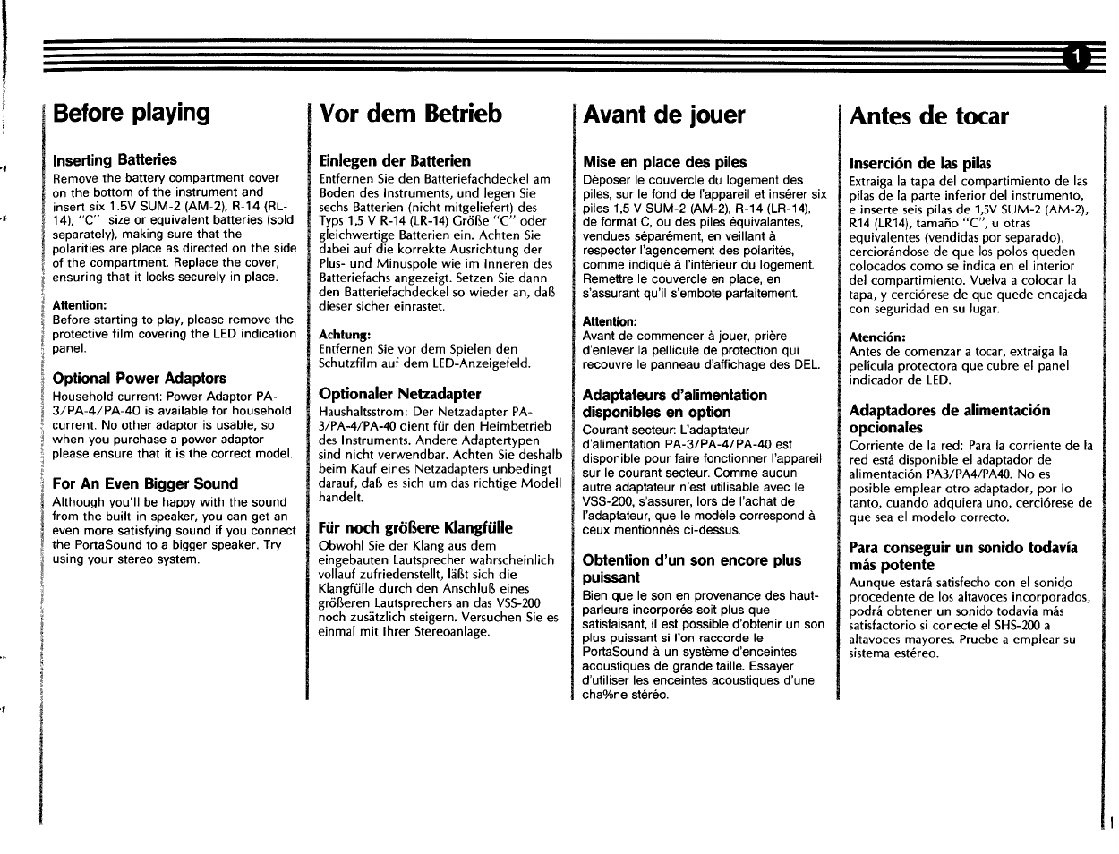 Inserting batteries, I optional power adaptors, I for an even bigger sound | Vor dem betrieb, Avant de jouer, Mise en place des piles, Adaptateurs d’alimentation disponibles en option, Obtention d’un son encore plus puissant, Antes de tocar, Before playing | Yamaha VSS-200 User Manual | Page 3 / 28