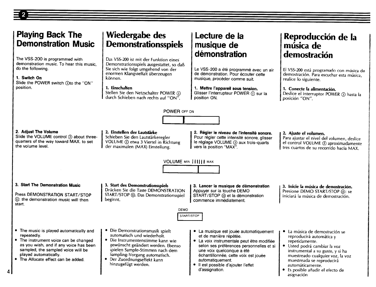 Switch on, Adjust the volume, Start the demonstration music | Mettre tappareil sous tension, 2, régler le niveau de tintensité sonore, Lancer la musique de démonstration, Playing back the demonstration music, Wiedergabe des demonstrationsspiels, Lecture de la musique de démonstration, Reproducción de la música de demostración | Yamaha VSS-200 User Manual | Page 6 / 28