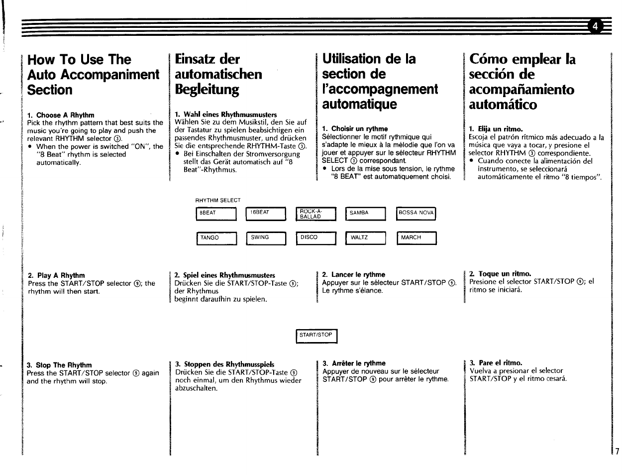 Choose a rhythm, Play a rhythm, Stop the rhythm | Choisir un rythme, Lancer le rythme, Arrêter le rythme, Einsatz der automatischen begleitung | Yamaha VSS-200 User Manual | Page 9 / 28