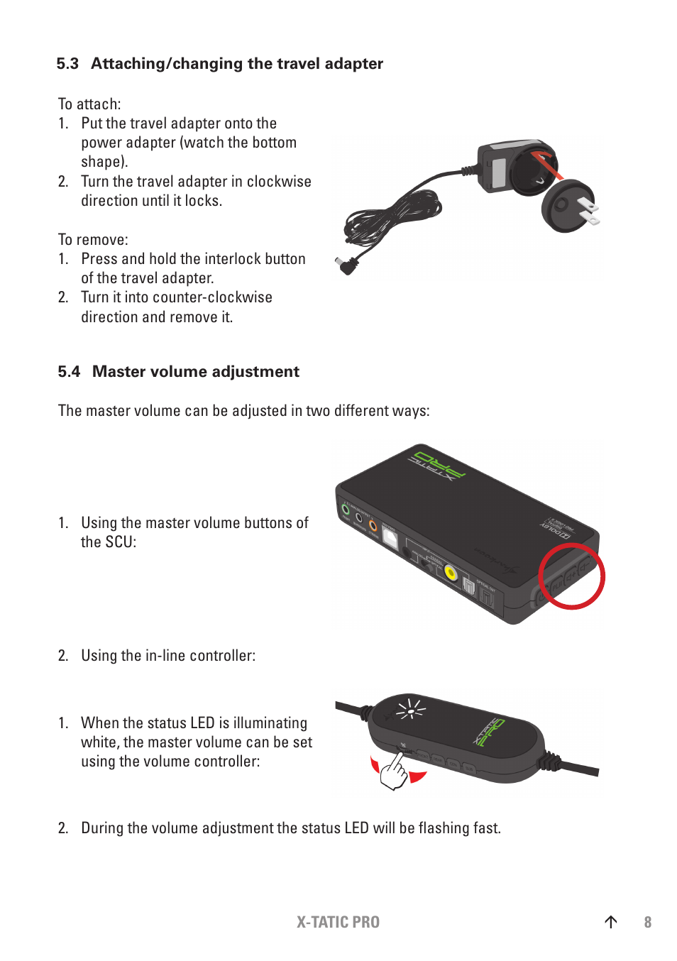 3 attaching/changing the travel adapter, 4 master volume adjustment | SHARKOON X-Tatic PRO User Manual | Page 8 / 20