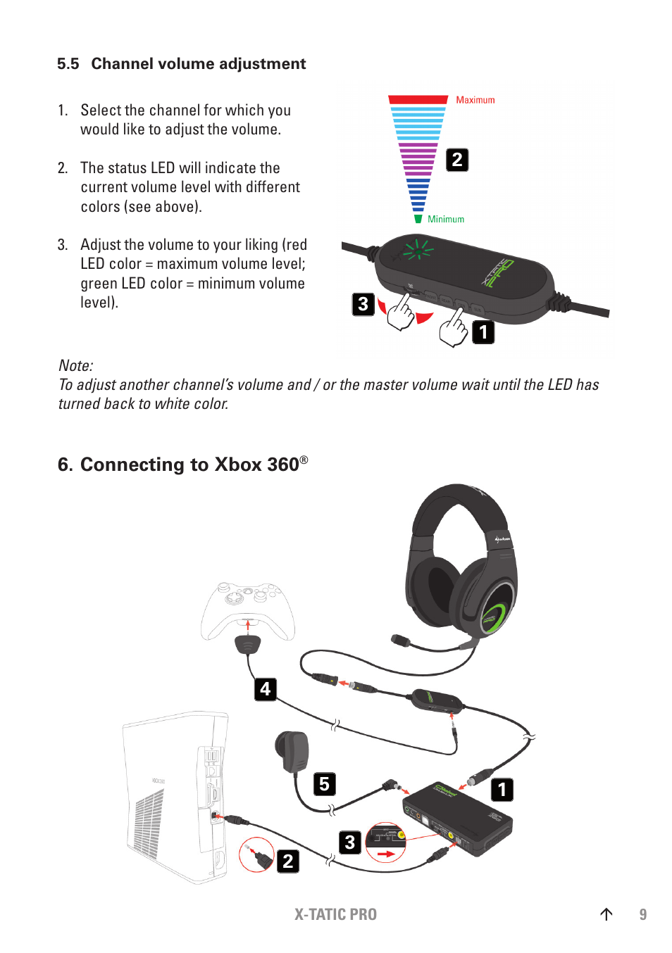 5 channel volume adjustment, Connecting to xbox 360 | SHARKOON X-Tatic PRO User Manual | Page 9 / 20