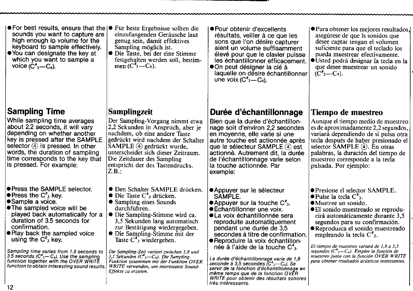 Samplingzeit, Tiempo de muestreo, Sampling time | Durée d’échantillonnage | Yamaha VSS-30 User Manual | Page 14 / 32