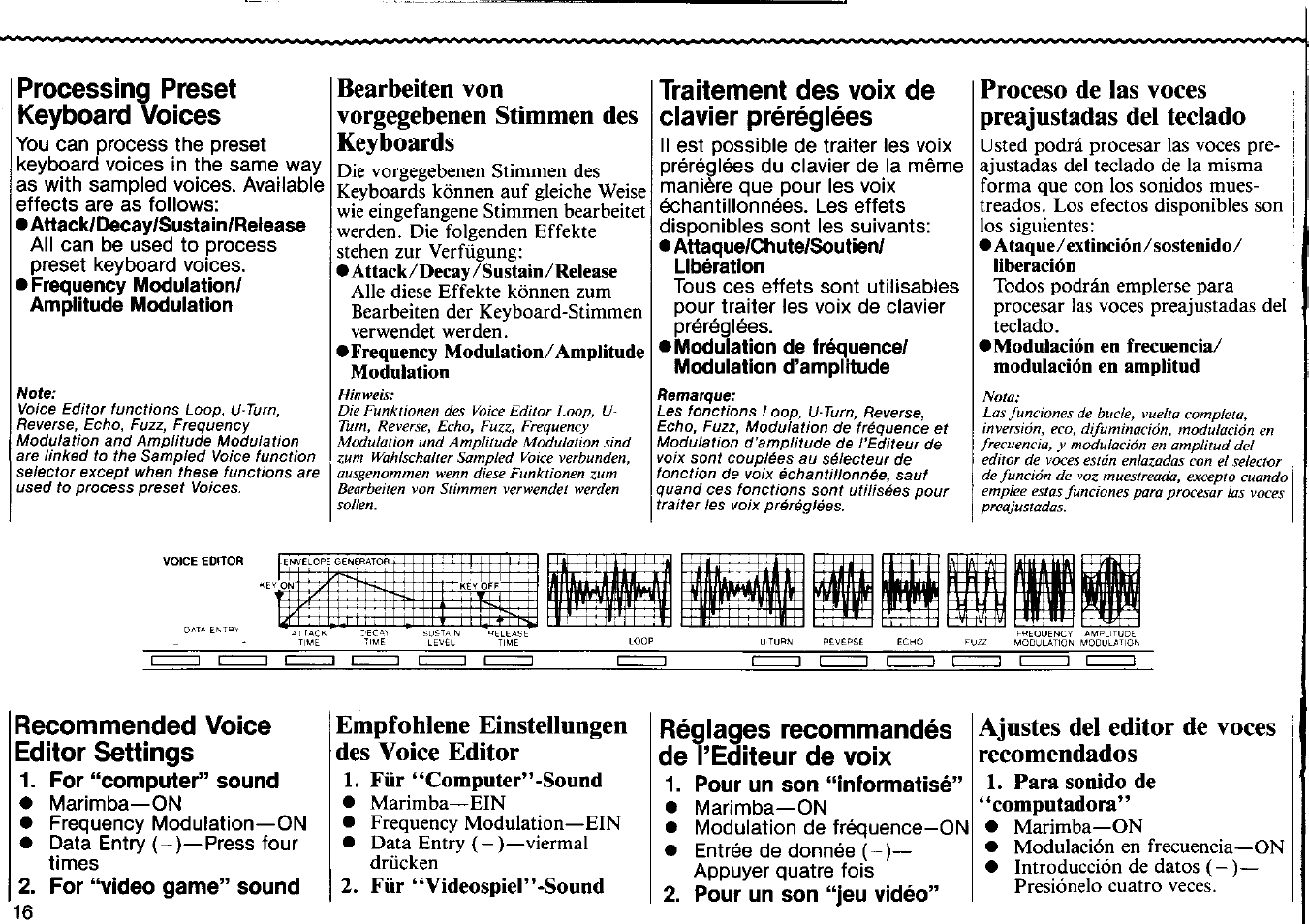 Processing preset keyboard voices, Frequency modulation/ amplitude moduiation, Traitement des voix de ciavier prérégiées | Attaque/chute/soutien/ libération, Modulation de fréquence/ modulation d’amplitude, Ц м гм1!1гт, Recommended voice editor settings, For “computer” sound, For “video game” sound, Für “computer”-sound | Yamaha VSS-30 User Manual | Page 18 / 32
