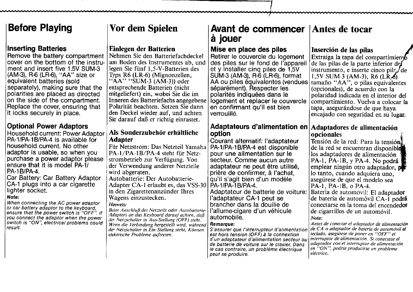 Inserting batteries, Optional power adaptors, Vor dem spielen | Einlegen der batterien, Als sonderzubehör erhältliche adapter, Adaptateurs d’alimentation en option, Inserción de las pilas, Adaptadores de alimentación opcionales, Antes de tocar à, Before playing | Yamaha VSS-30 User Manual | Page 2 / 32