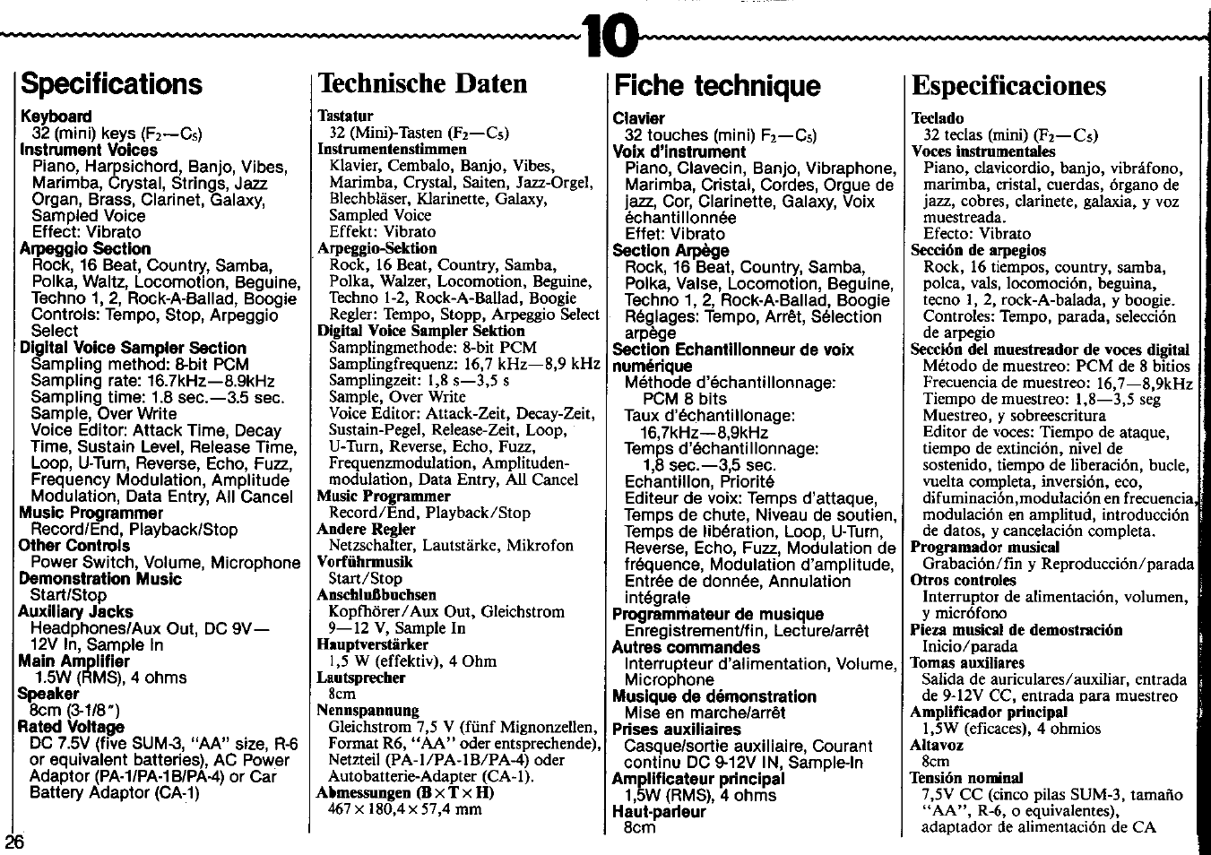 Technische daten, Especificaciones, Specifications | Fiche technique | Yamaha VSS-30 User Manual | Page 28 / 32