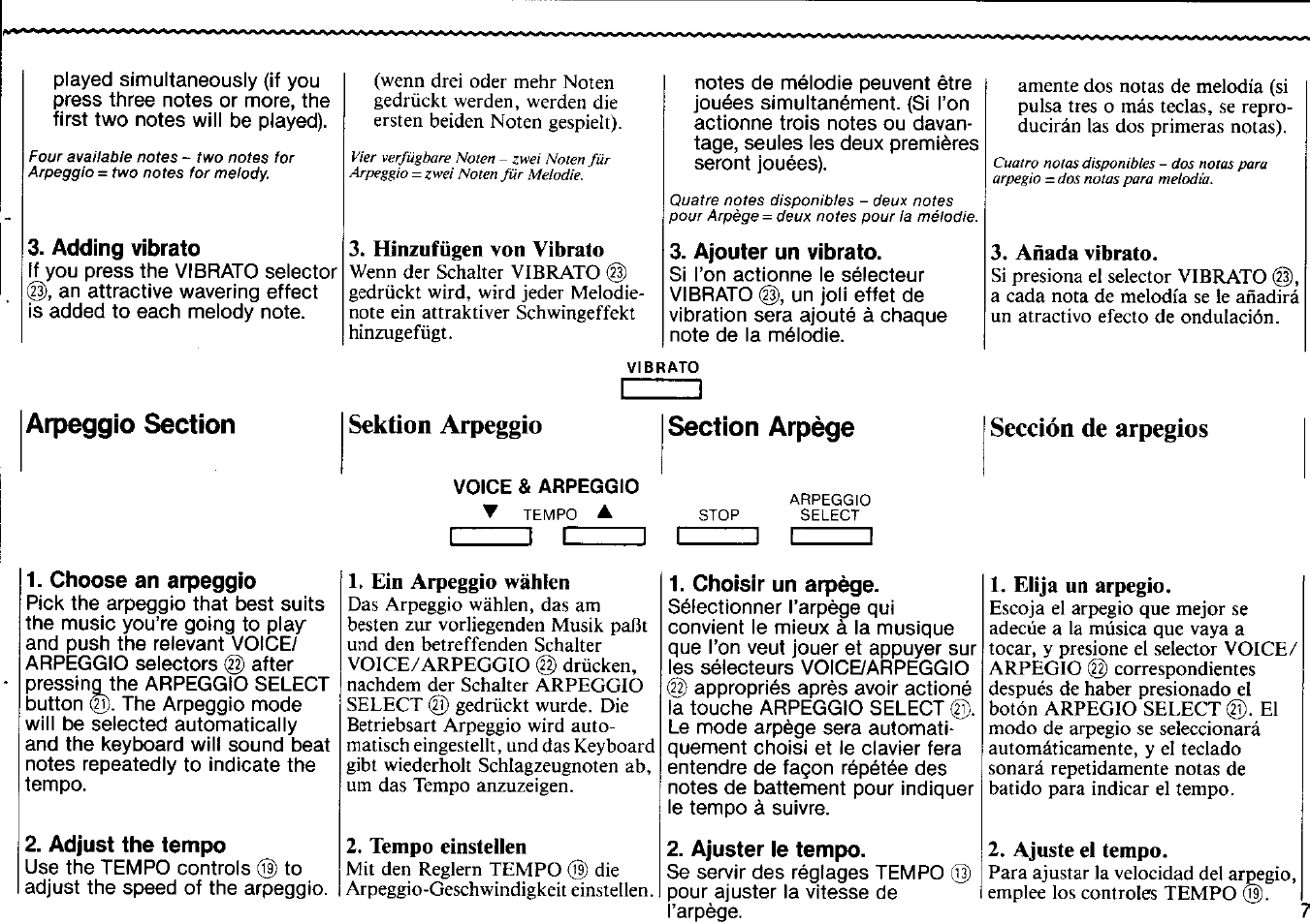 Adding vibrato, Ajouter un vibrato, Sektion arpeggio | Sección de arpegios, Choose an arpeggio, Adjust the tempo, Choisir un arpège, Ajuster le tempo | Yamaha VSS-30 User Manual | Page 9 / 32