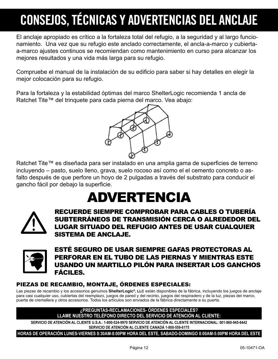 Advertencia, Consejos, técnicas y advertencias del anclaje | ShelterLogic 10471 RatchetTite Anchor Kit User Manual | Page 12 / 15