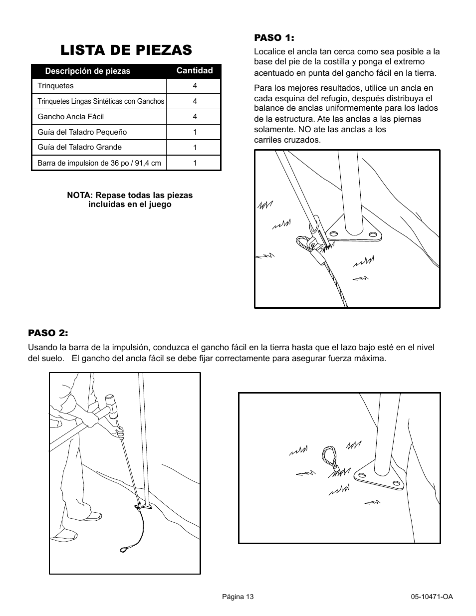 Lista de piezas | ShelterLogic 10471 RatchetTite Anchor Kit User Manual | Page 13 / 15