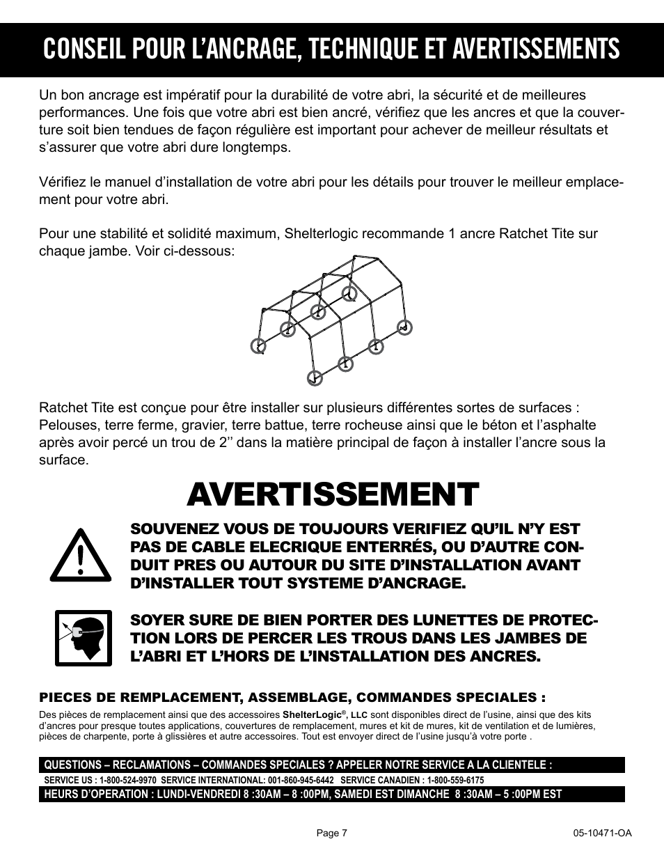 Avertissement | ShelterLogic 10471 RatchetTite Anchor Kit User Manual | Page 7 / 15