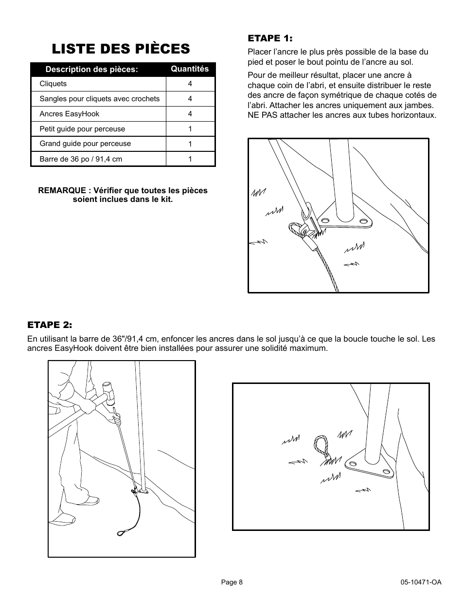 Liste des pièces | ShelterLogic 10471 RatchetTite Anchor Kit User Manual | Page 8 / 15