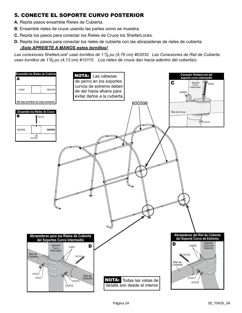 Conecte el soporte curvo posterior, Las conexiones shelterlock, Usan tornillos de 1 | ShelterLogic 70435 10 x 10 x 8 Shed-in-a-Box RoundTop User Manual | Page 24 / 27