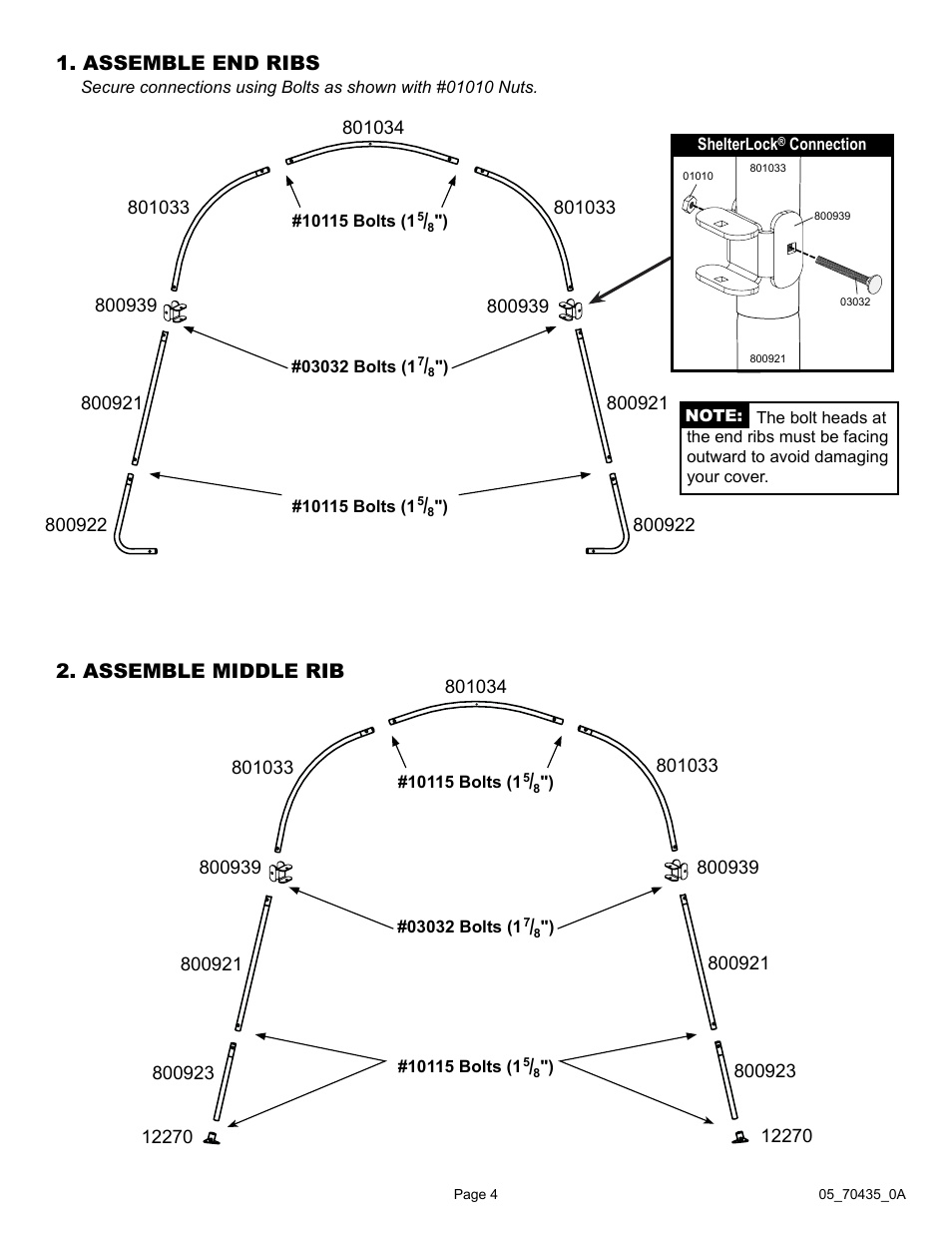 Assemble end ribs 2. assemble middle rib | ShelterLogic 70435 10 x 10 x 8 Shed-in-a-Box RoundTop User Manual | Page 4 / 27