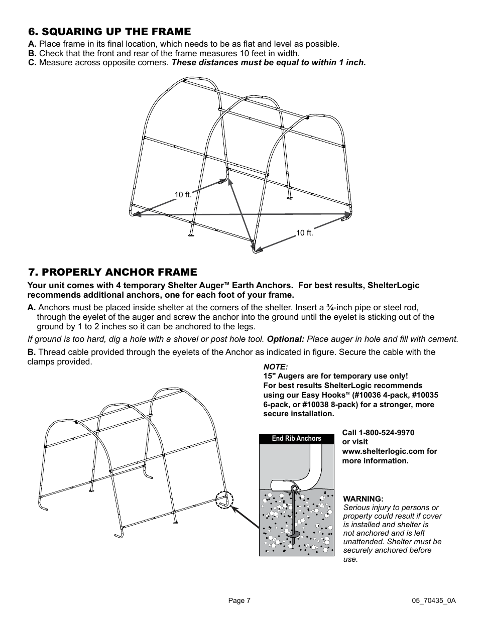 Squaring up the frame, Properly anchor frame | ShelterLogic 70435 10 x 10 x 8 Shed-in-a-Box RoundTop User Manual | Page 7 / 27