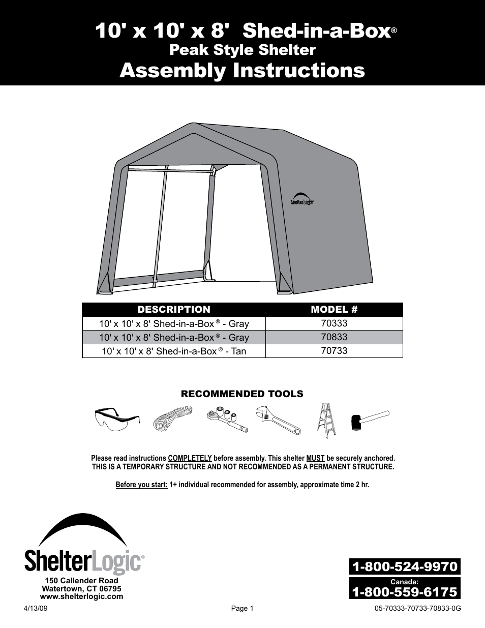 ShelterLogic 70733 10 x 10 x 8 Shed-in-a-Box User Manual | 24 pages