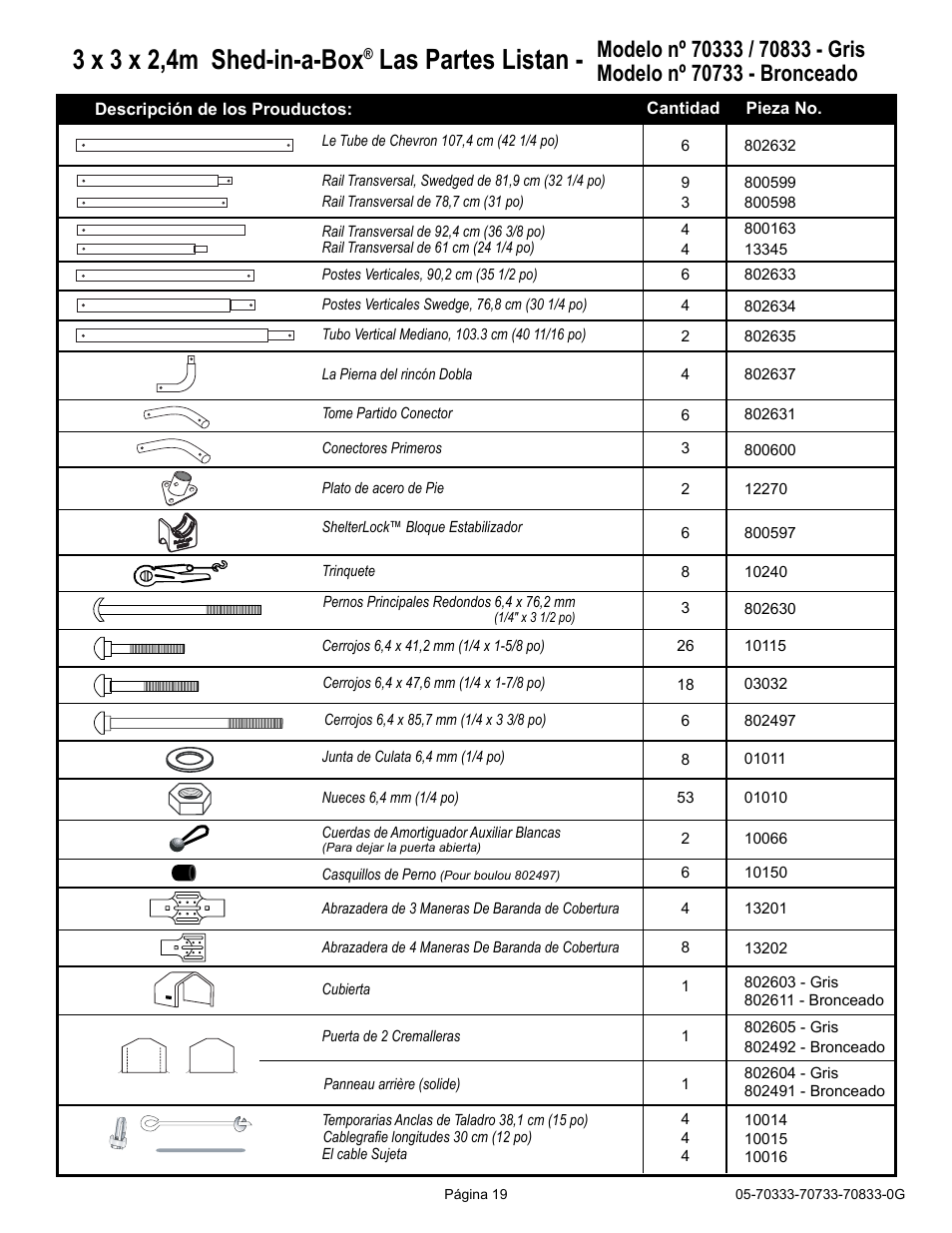 Las partes listan, 3 x 3 x 2,4m shed-in-a-box | ShelterLogic 70733 10 x 10 x 8 Shed-in-a-Box User Manual | Page 19 / 24