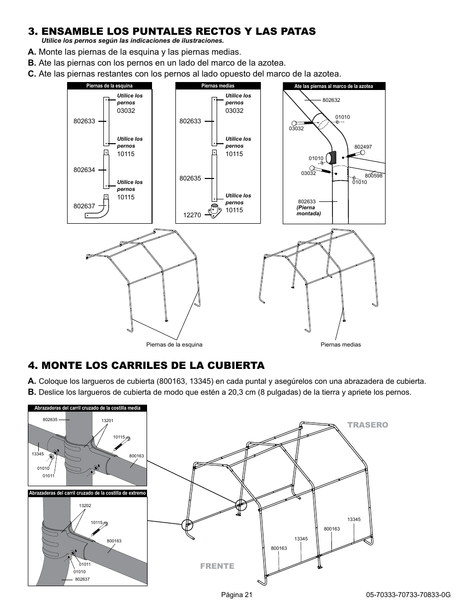 Ensamble los puntales rectos y las patas, Monte los carriles de la cubierta | ShelterLogic 70733 10 x 10 x 8 Shed-in-a-Box User Manual | Page 21 / 24