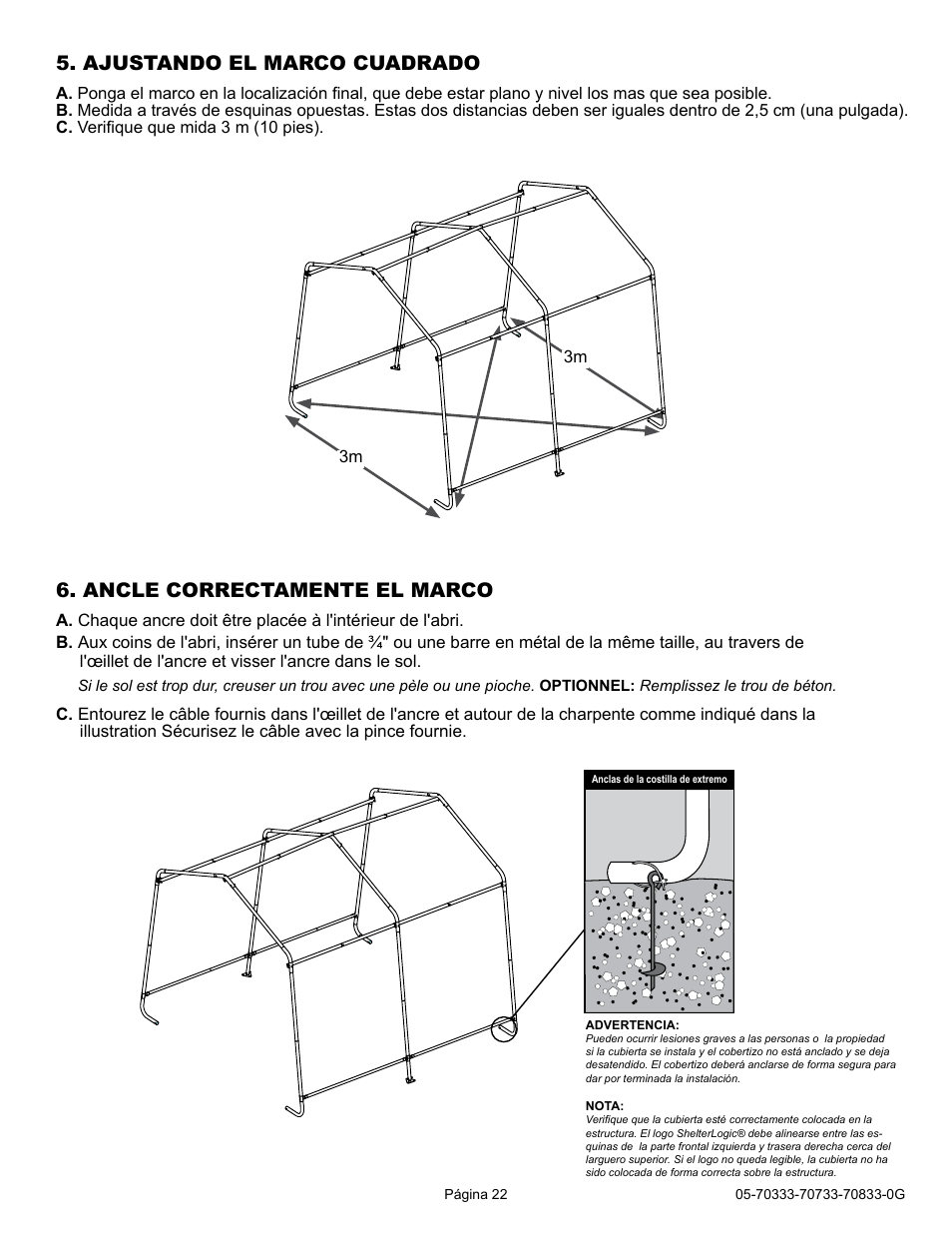 Ancle correctamente el marco, Ajustando el marco cuadrado | ShelterLogic 70733 10 x 10 x 8 Shed-in-a-Box User Manual | Page 22 / 24