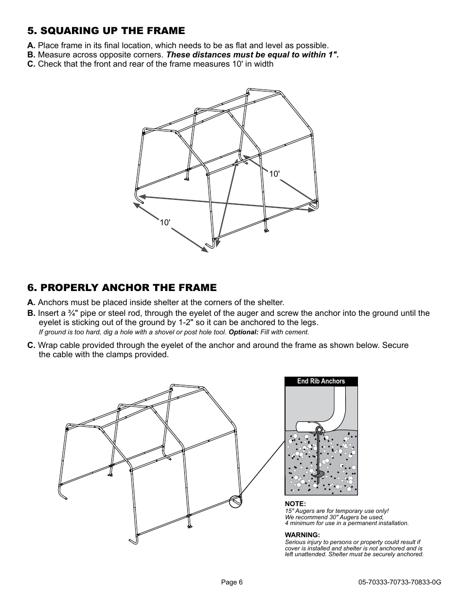 Properly anchor the frame, Squaring up the frame | ShelterLogic 70733 10 x 10 x 8 Shed-in-a-Box User Manual | Page 6 / 24