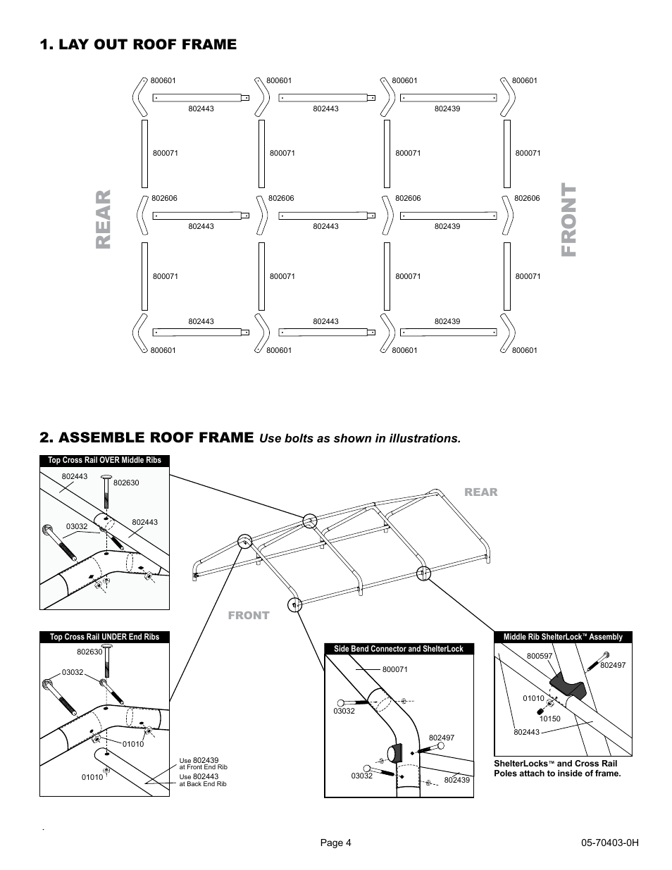 Lay out roof frame 2. assemble roof frame, Use bolts as shown in illustrations | ShelterLogic 70403 6 x 10 x 6 6 Shed-in-a-Box User Manual | Page 4 / 8