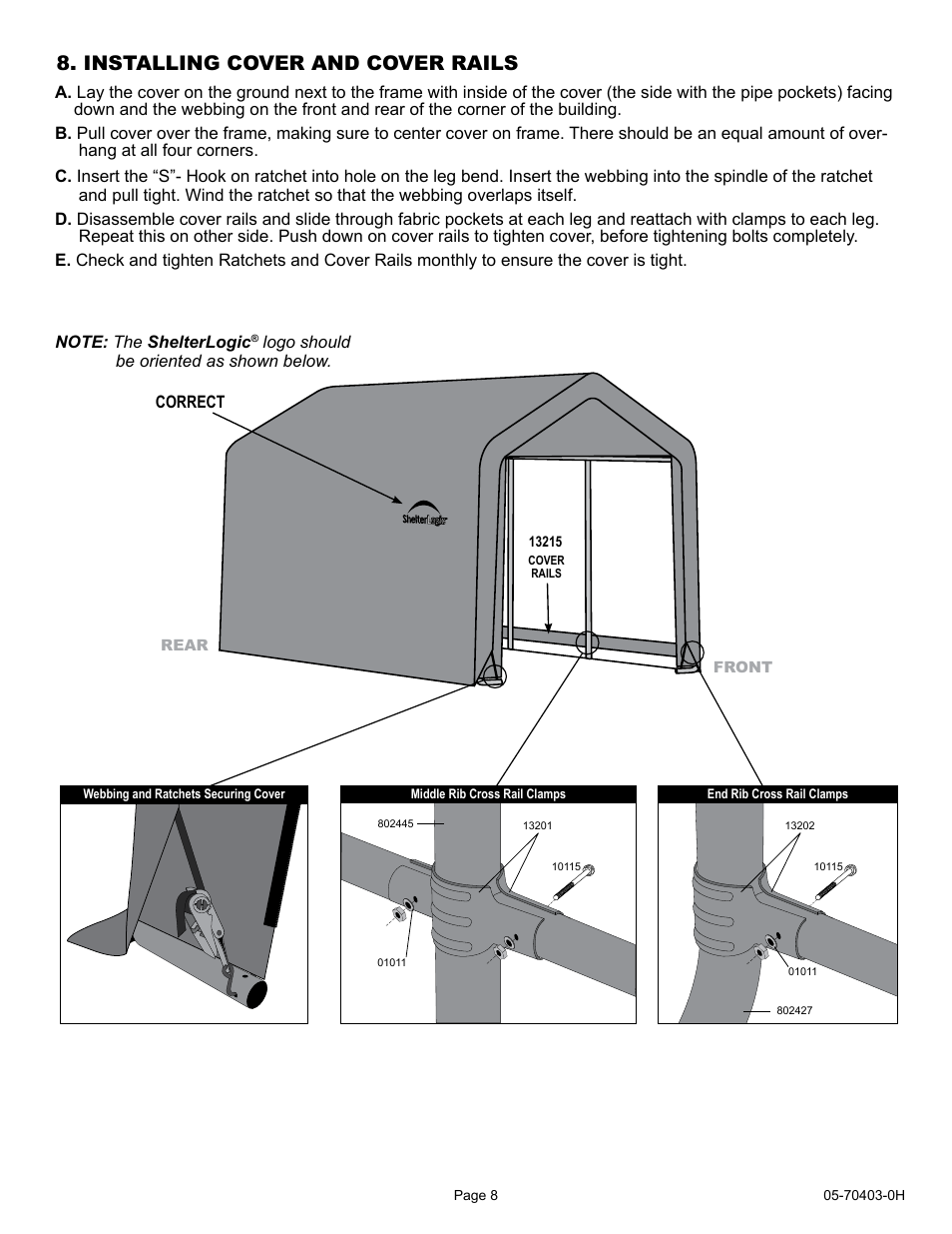 Installing cover and cover rails | ShelterLogic 70403 6 x 10 x 6 6 Shed-in-a-Box User Manual | Page 8 / 8