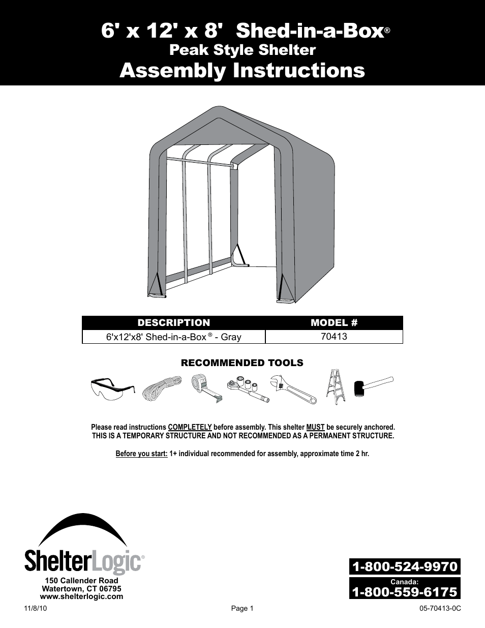 ShelterLogic 70413 6 x 12 x 8 Shed-in-a-Box User Manual | 8 pages