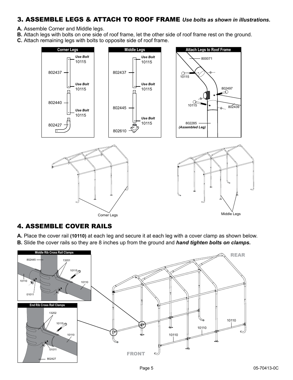 Assemble legs & attach to roof frame, Assemble cover rails, Use bolts as shown in illustrations | ShelterLogic 70413 6 x 12 x 8 Shed-in-a-Box User Manual | Page 5 / 8