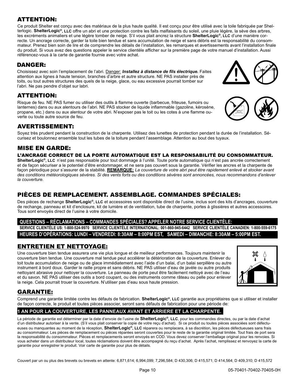 Attention: avertissement, Mise en garde, Entretien et nettoyage | Attention, Danger, Garantie | ShelterLogic 70405 6 x 6 x 6 Shed-in-a-Box User Manual | Page 10 / 24