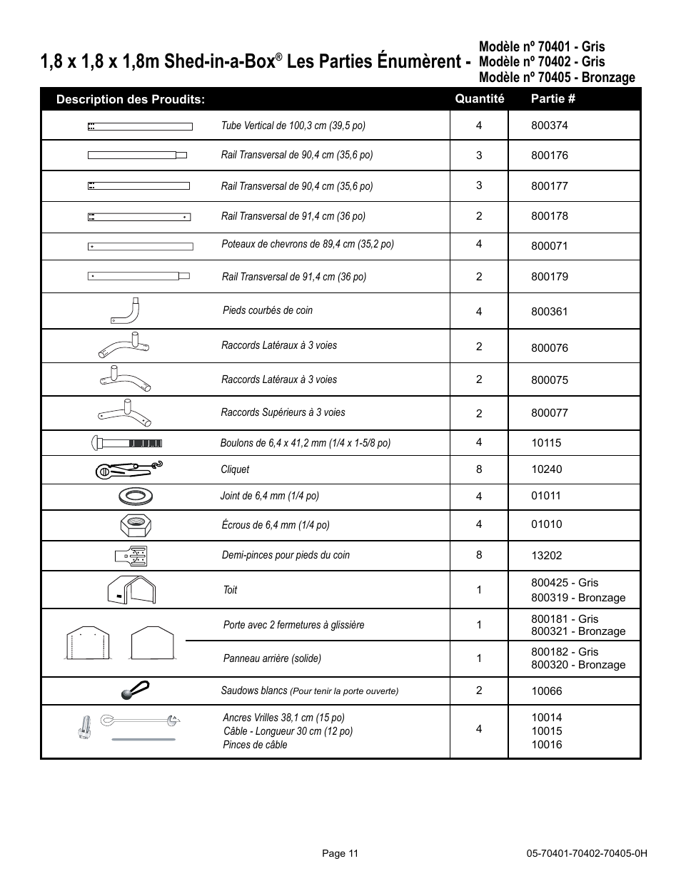 Les parties énumèrent | ShelterLogic 70405 6 x 6 x 6 Shed-in-a-Box User Manual | Page 11 / 24