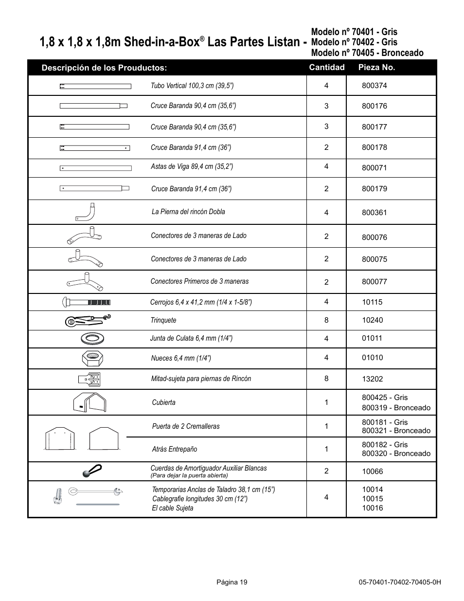 Las partes listan | ShelterLogic 70405 6 x 6 x 6 Shed-in-a-Box User Manual | Page 19 / 24