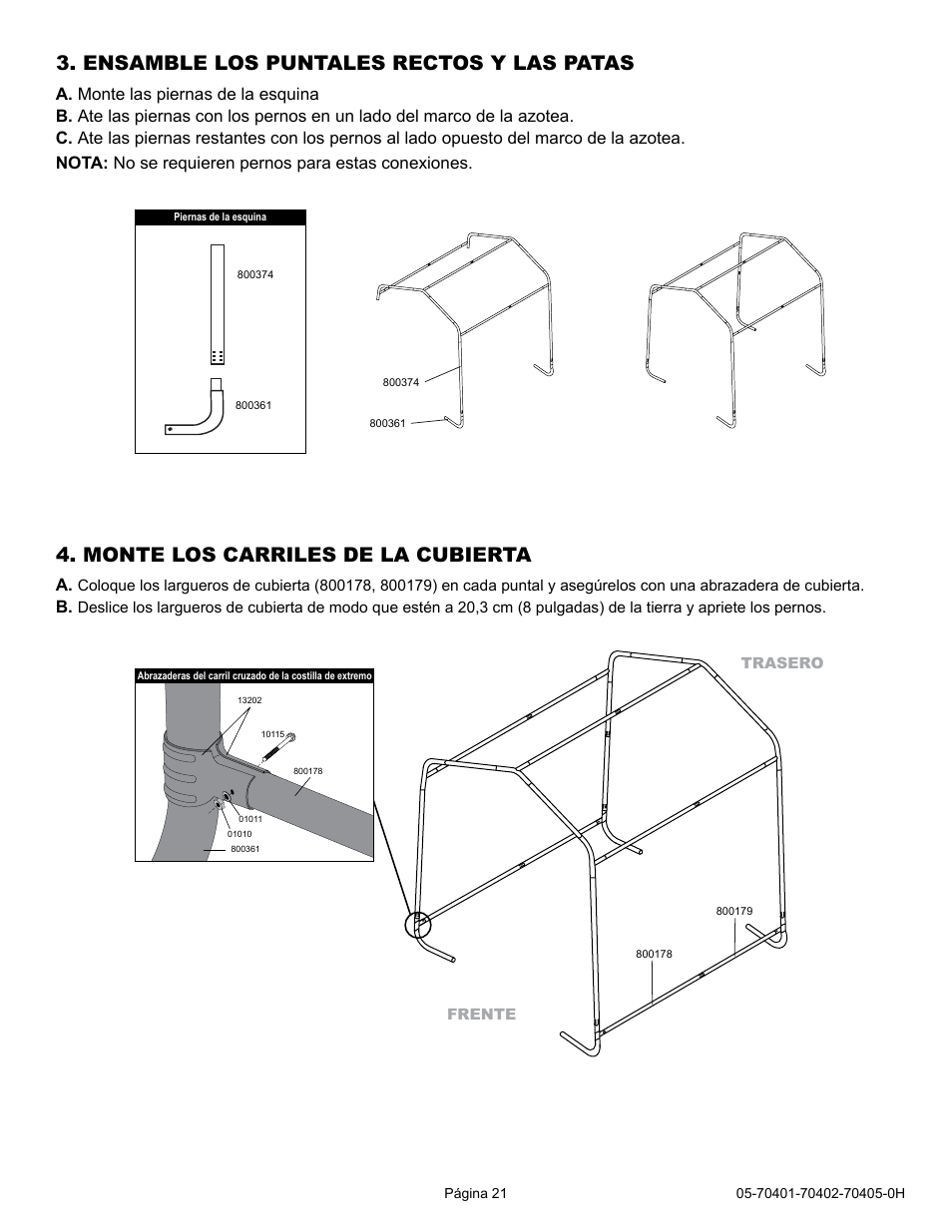Ensamble los puntales rectos y las patas, Monte los carriles de la cubierta | ShelterLogic 70405 6 x 6 x 6 Shed-in-a-Box User Manual | Page 21 / 24
