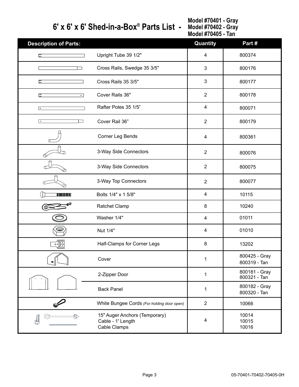 6' x 6' x 6' shed-in-a-box, Parts list | ShelterLogic 70405 6 x 6 x 6 Shed-in-a-Box User Manual | Page 3 / 24