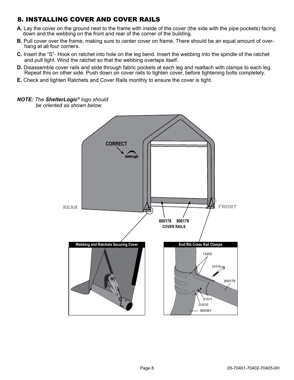 Installing cover and cover rails | ShelterLogic 70405 6 x 6 x 6 Shed-in-a-Box User Manual | Page 8 / 24