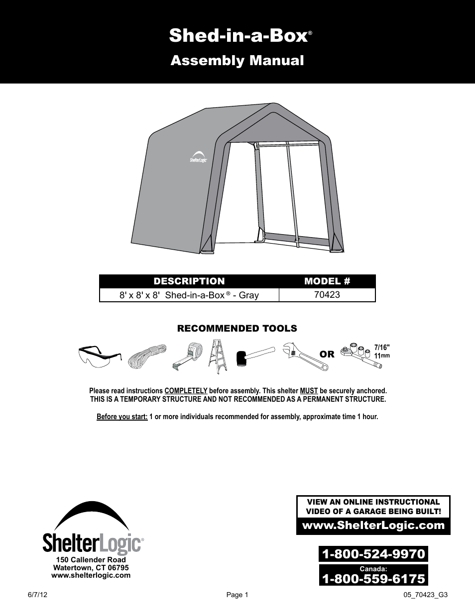 ShelterLogic 70423 8 x 8 x 8 Shed-in-a-Box User Manual | 33 pages