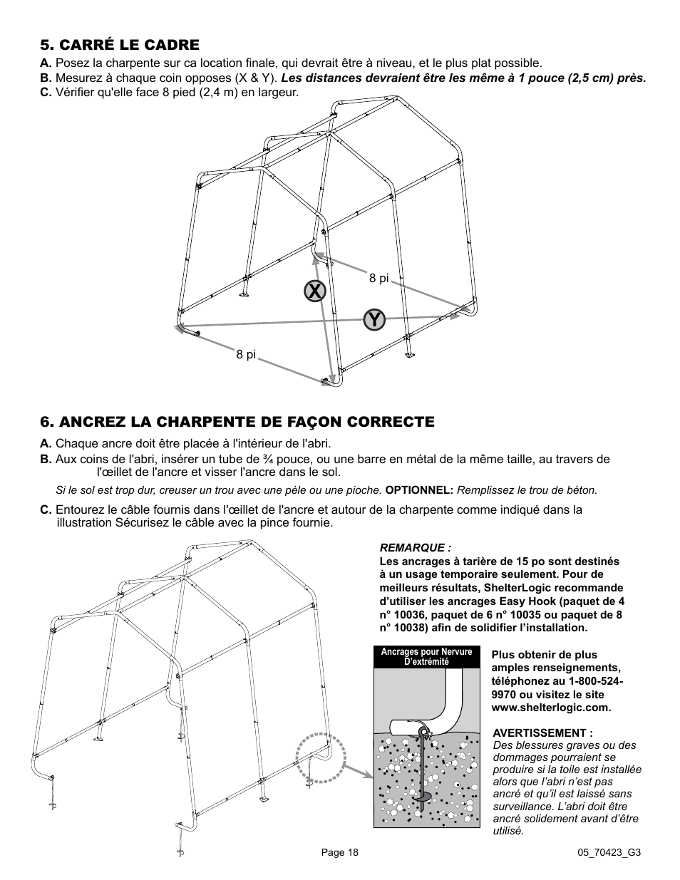 Carré le cadre, Ancrez la charpente de façon correcte | ShelterLogic 70423 8 x 8 x 8 Shed-in-a-Box User Manual | Page 18 / 33