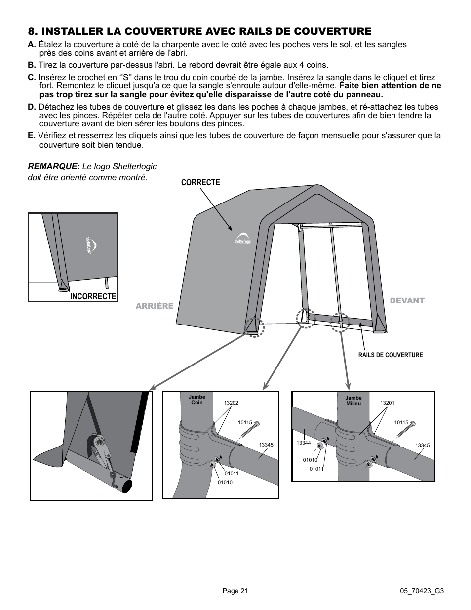 Installer la couverture avec rails de couverture | ShelterLogic 70423 8 x 8 x 8 Shed-in-a-Box User Manual | Page 21 / 33