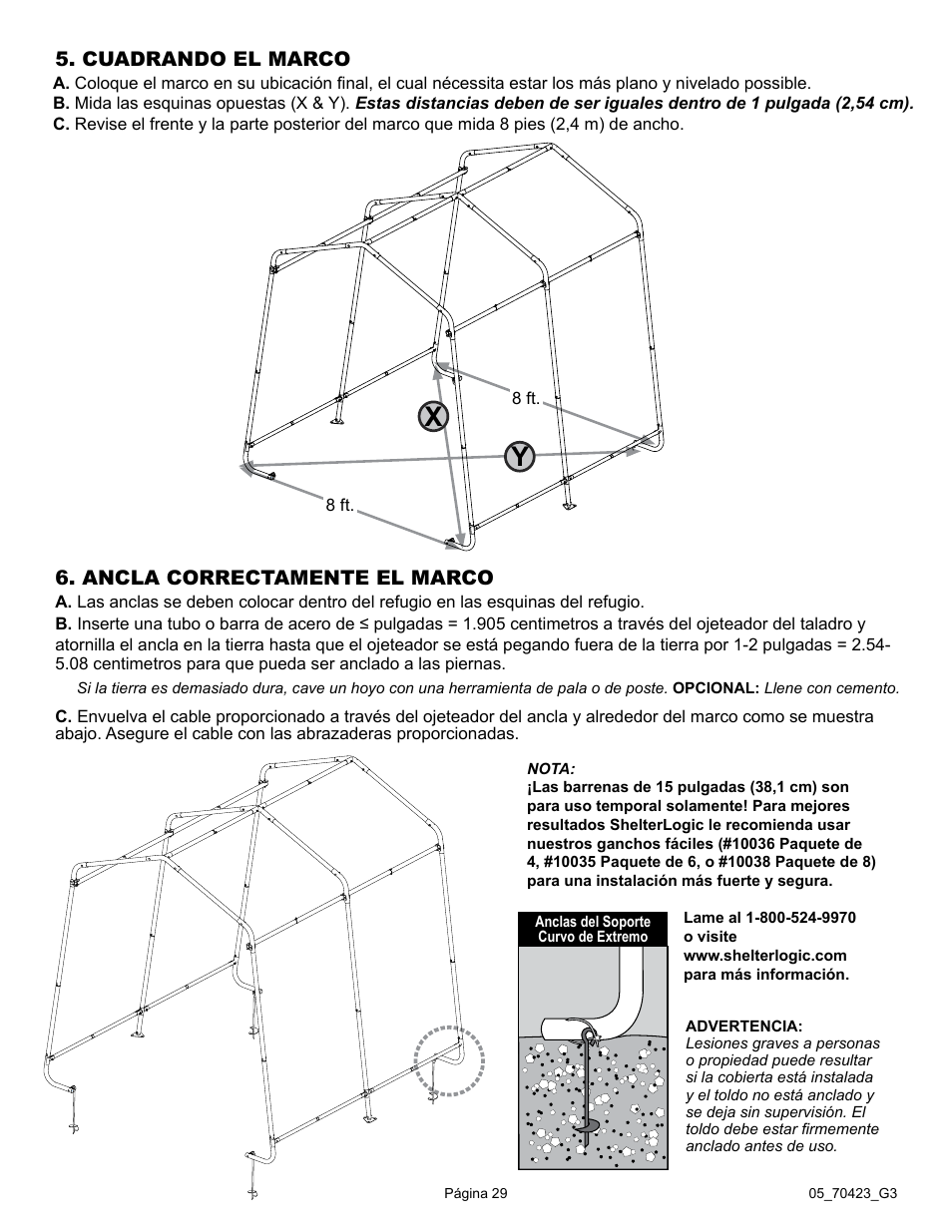 Cuadrando el marco, Ancla correctamente el marco | ShelterLogic 70423 8 x 8 x 8 Shed-in-a-Box User Manual | Page 29 / 33