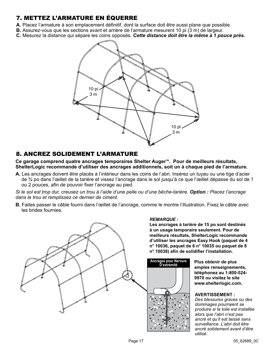 Mettez l’armature en équerre, Ancrez solidement l’armature | ShelterLogic 62689 10 x 15 x 8 AutoShelter RoundTop 1015 - Sandstone User Manual | Page 17 / 30