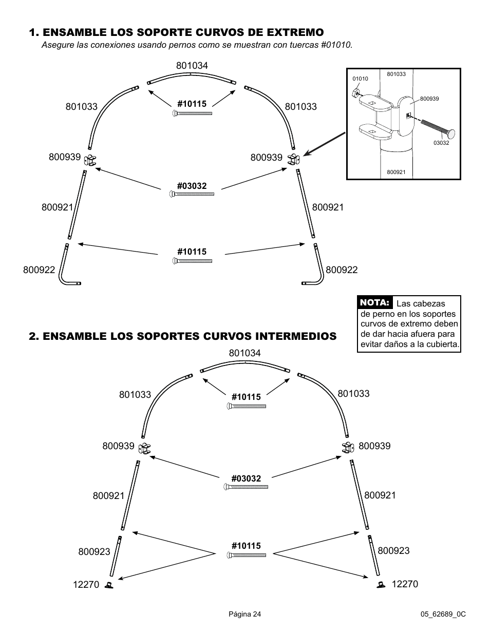 Ensamble los soporte curvos de extremo, Ensamble los soportes curvos intermedios | ShelterLogic 62689 10 x 15 x 8 AutoShelter RoundTop 1015 - Sandstone User Manual | Page 24 / 30